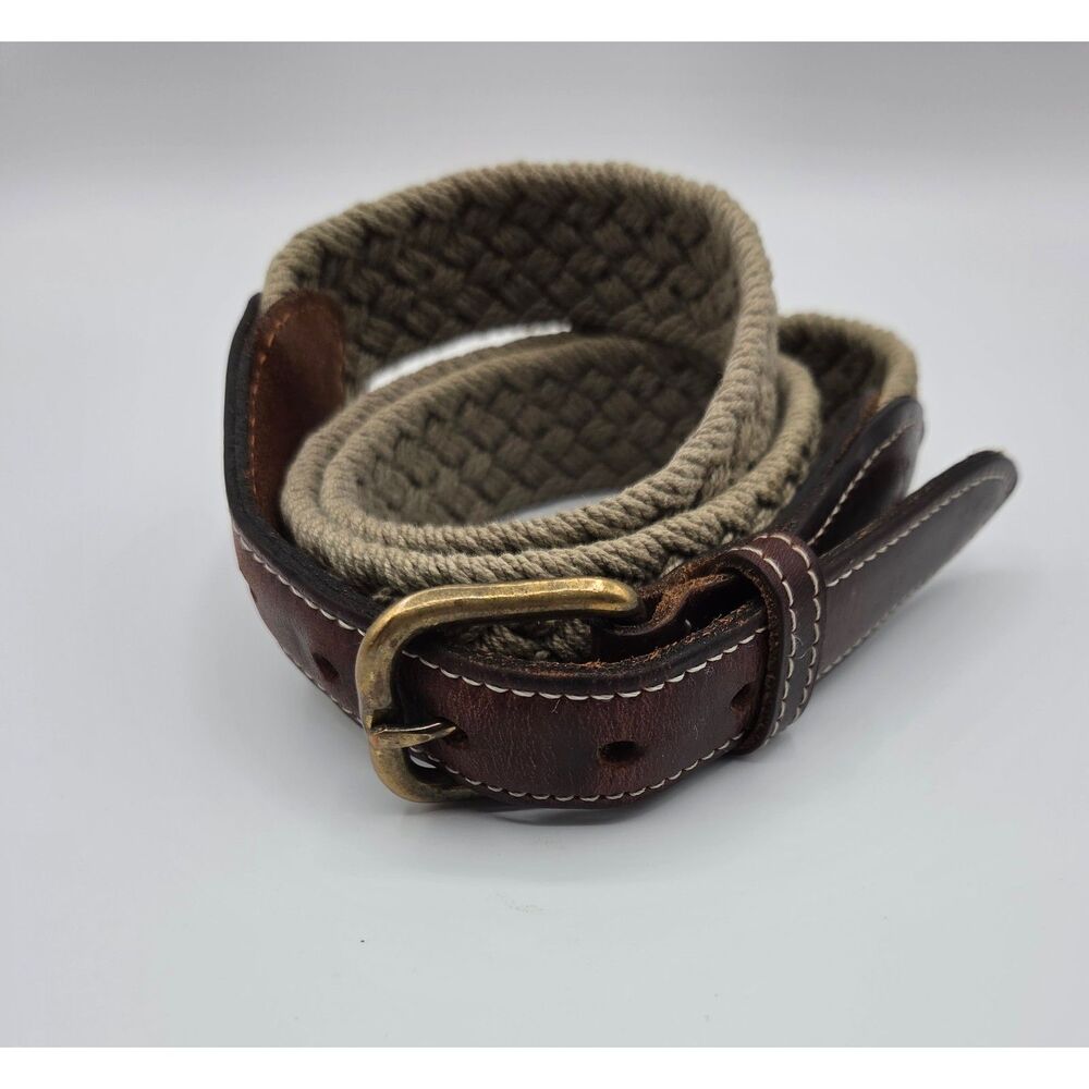 Women's Dockers Cream Woven Canvas and Brown Leather Belt